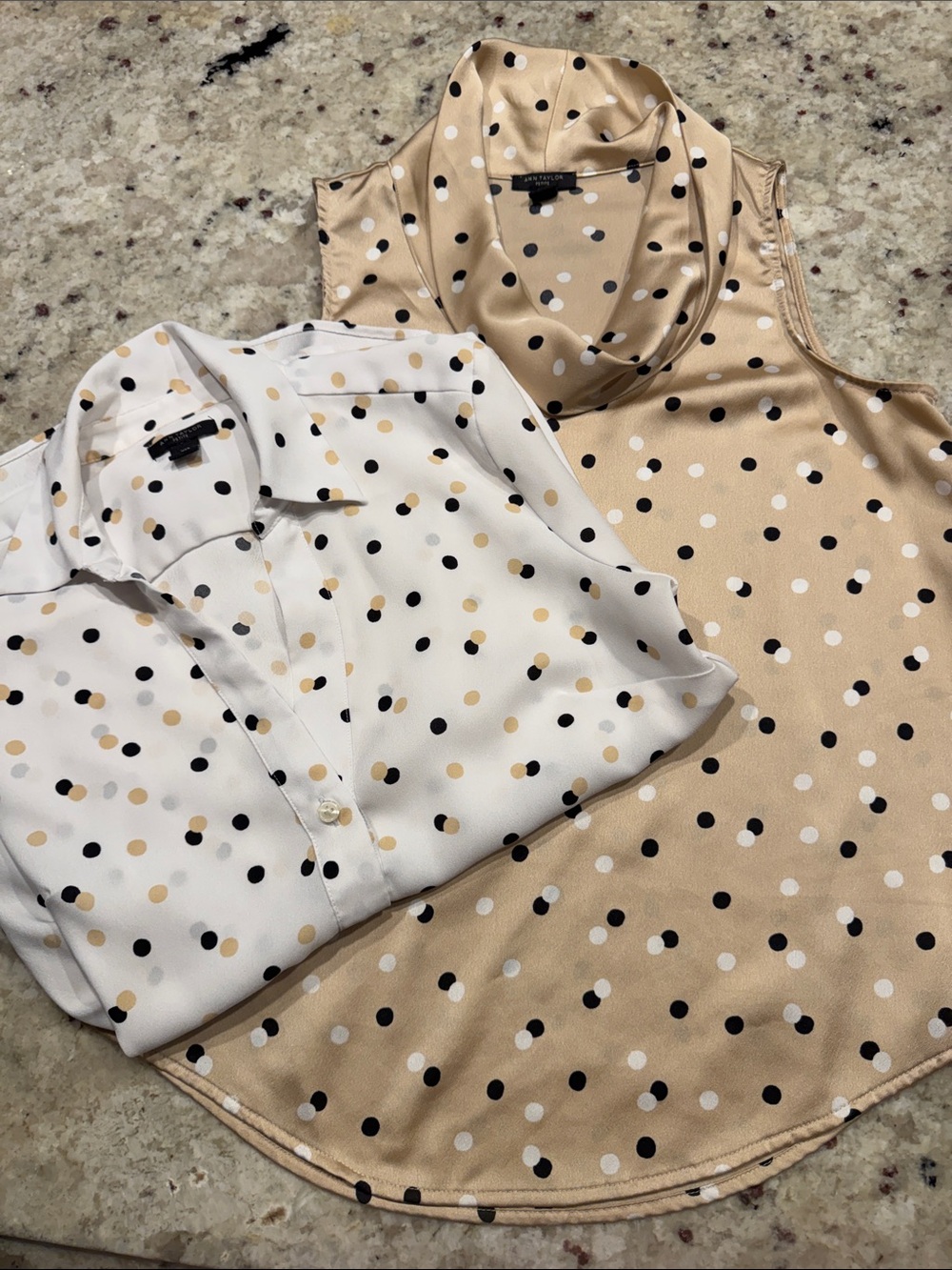 Ann Taylor White Button-Down Blouses with Black & Beige Polka Dots